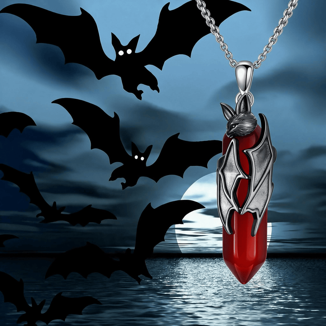 Collier pendentif hexagonal Olivenorma en quartz rouge, chauve-souris vampire gothique, bijou de cosplay d'Halloween - Chauve-souris vampire et quartz rouge - image 0