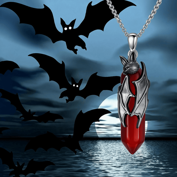 Collier pendentif hexagonal Olivenorma en quartz rouge, chauve-souris vampire gothique, bijou de cosplay d'Halloween - Chauve-souris vampire et quartz rouge - image 0