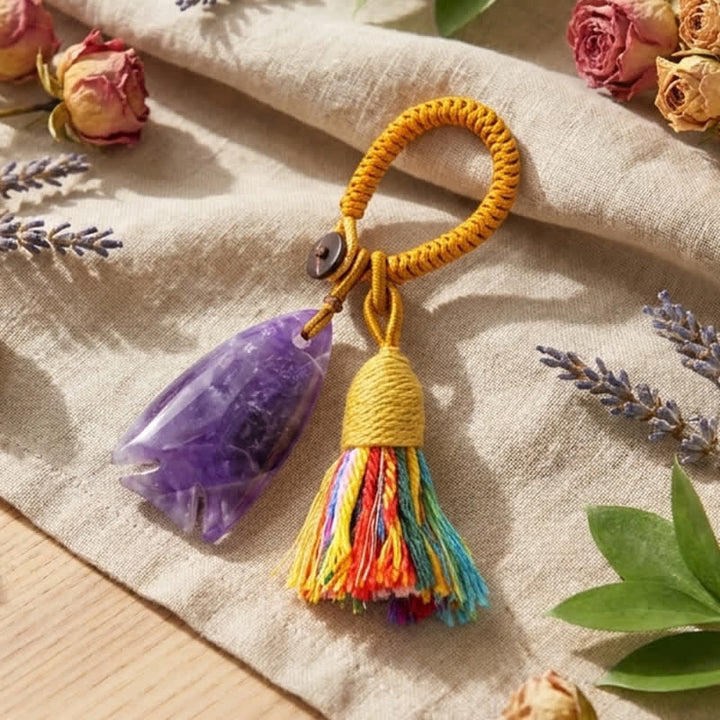 Porte-clés Olivenorma en cristal naturel, en forme de poisson, avec pompon tressé porte-bonheur - Améthyste - image 1