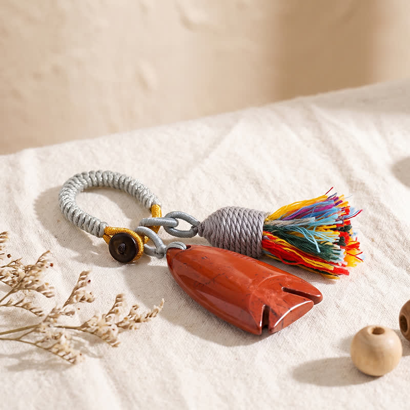 Porte-clés Olivenorma en cristal naturel, en forme de poisson, avec pompon tressé porte-bonheur - Jaspe rouge - image 5