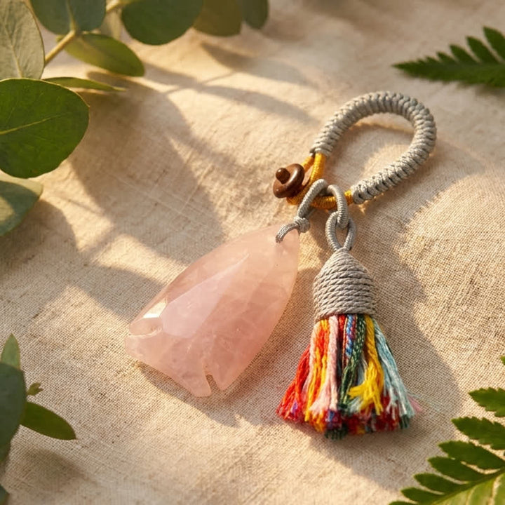 Porte-clés Olivenorma en cristal naturel, en forme de poisson, avec pompon tressé porte-bonheur - Quartz rose - image 9