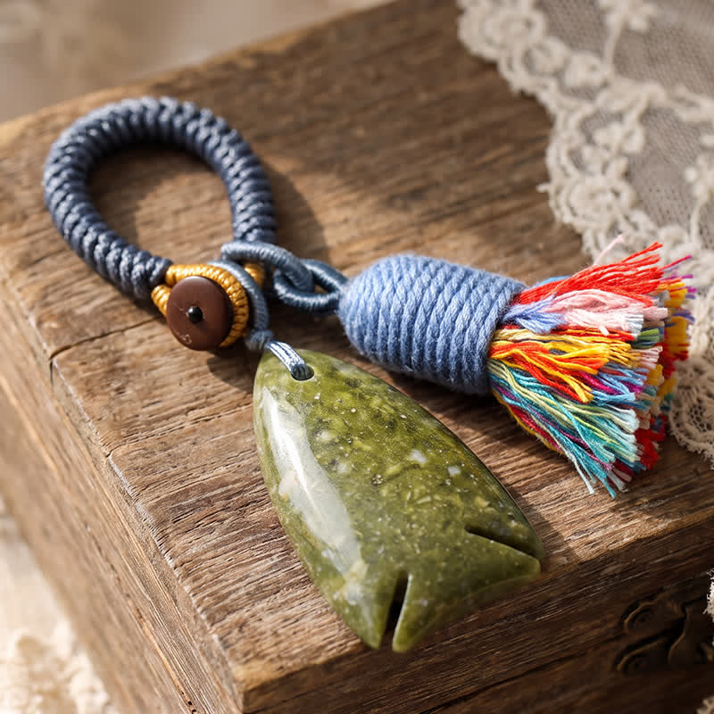 Porte-clés Olivenorma en cristal naturel, en forme de poisson, avec pompon tressé porte-bonheur - Unakite - image 13