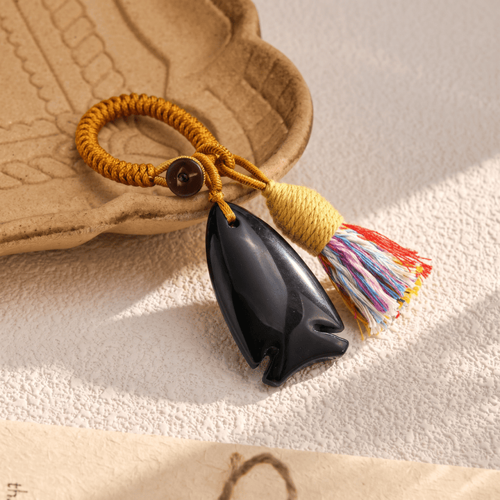 Porte-clés Olivenorma en cristal naturel, en forme de poisson, avec pompon tressé porte-bonheur - Obsidienne - image 11