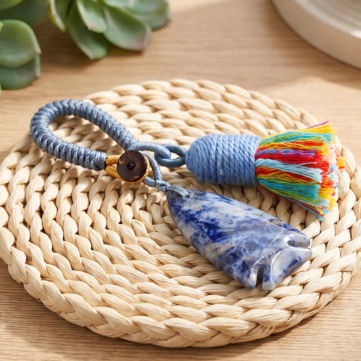 Porte-clés Olivenorma en cristal naturel, en forme de poisson, avec pompon tressé porte-bonheur - Sodalite - image 15