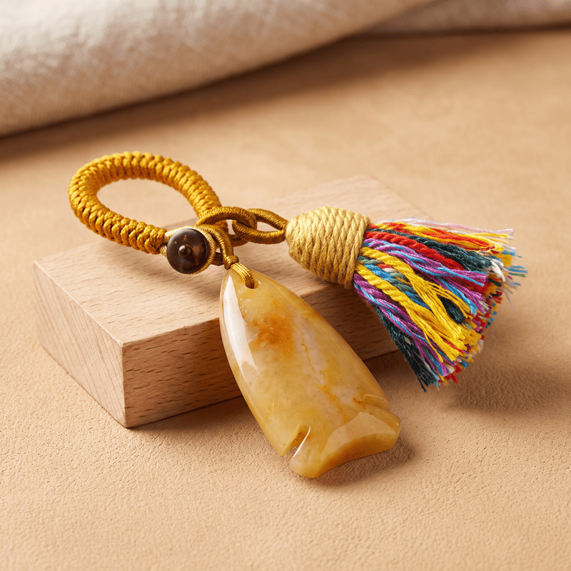 Porte-clés Olivenorma en cristal naturel, en forme de poisson, avec pompon tressé porte-bonheur - Jade jaune - image 19