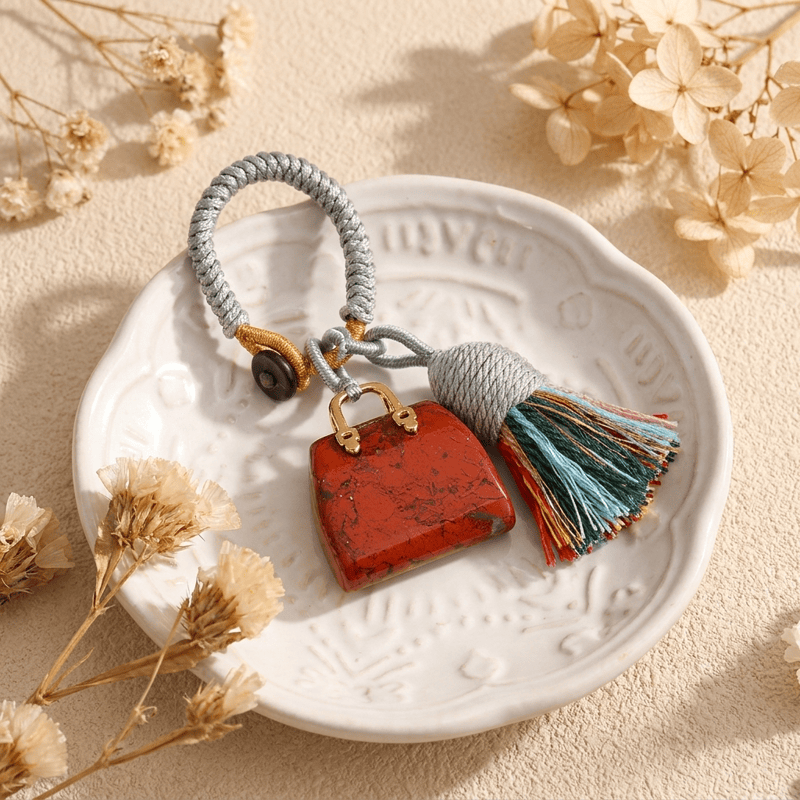 Porte-clés Olivenorma en cristal naturel, en forme de sac à main, avec pompon tressé et symbole de prospérité - Jaspe rouge - image 13