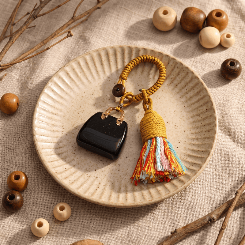 Porte-clés Olivenorma en cristal naturel, en forme de sac à main, avec pompon tressé et symbole de prospérité - Obsidienne - image 11