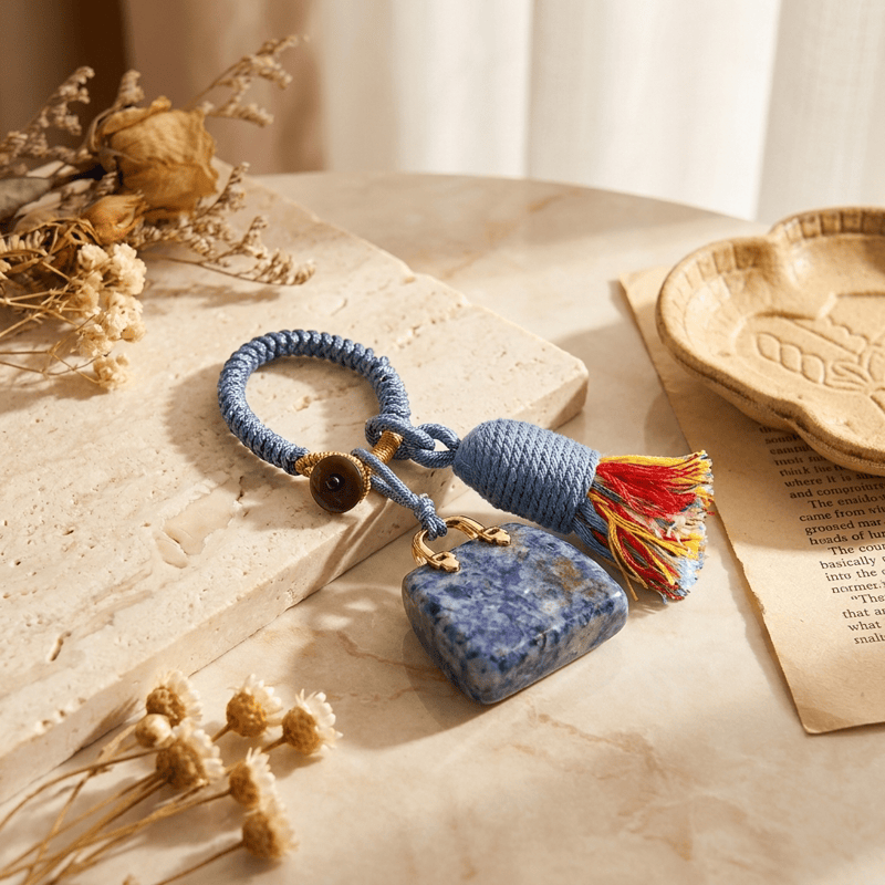 Porte-clés Olivenorma en cristal naturel, en forme de sac à main, avec pompon tressé et symbole de prospérité - Jaspe à taches bleues - image 24