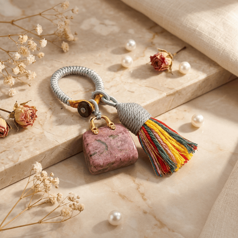 Porte-clés Olivenorma en cristal naturel, en forme de sac à main, avec pompon tressé et symbole de prospérité - Rhodonite - image 30