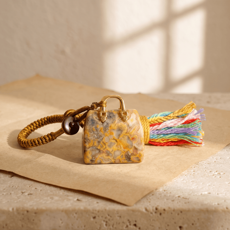 Porte-clés Olivenorma en cristal naturel, en forme de sac à main, avec pompon tressé et symbole de prospérité - Agate folle - image 32