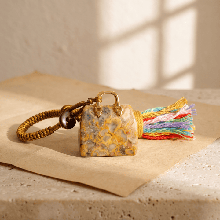 Porte-clés Olivenorma en cristal naturel, en forme de sac à main, avec pompon tressé et symbole de prospérité - Agate folle - image 32