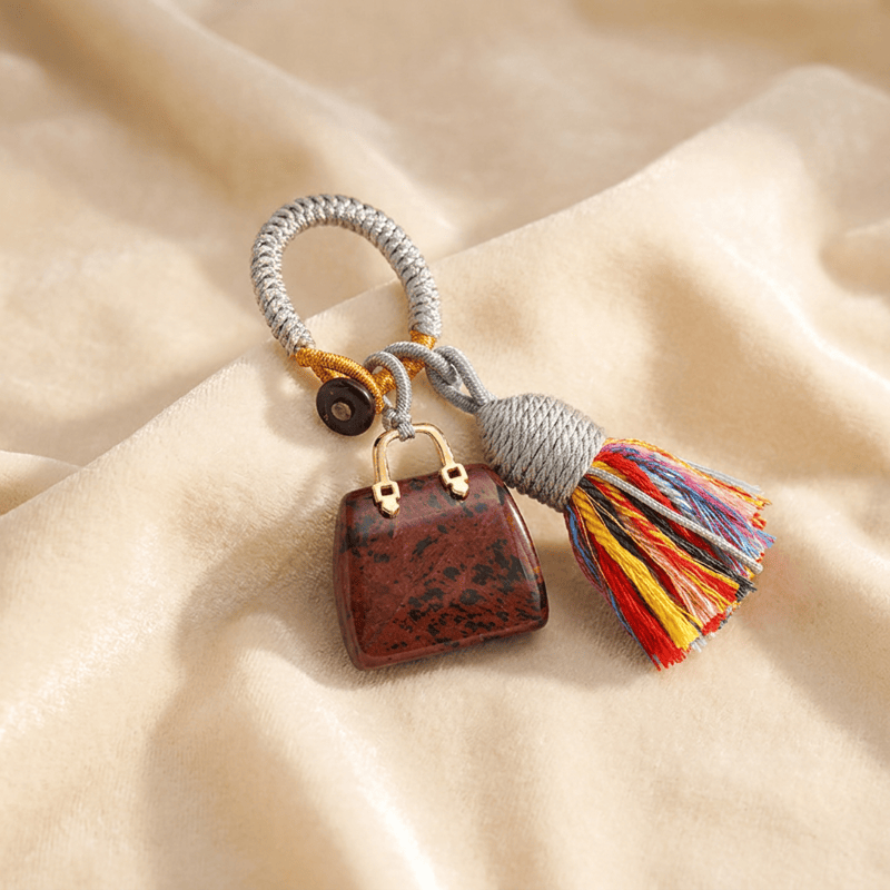 Porte-clés Olivenorma en cristal naturel, en forme de sac à main, avec pompon tressé et symbole de prospérité - Acajou - image 33