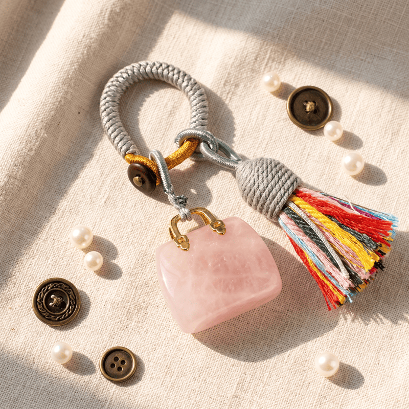 Porte-clés Olivenorma en cristal naturel, en forme de sac à main, avec pompon tressé et symbole de prospérité - Quartz rose - image 36