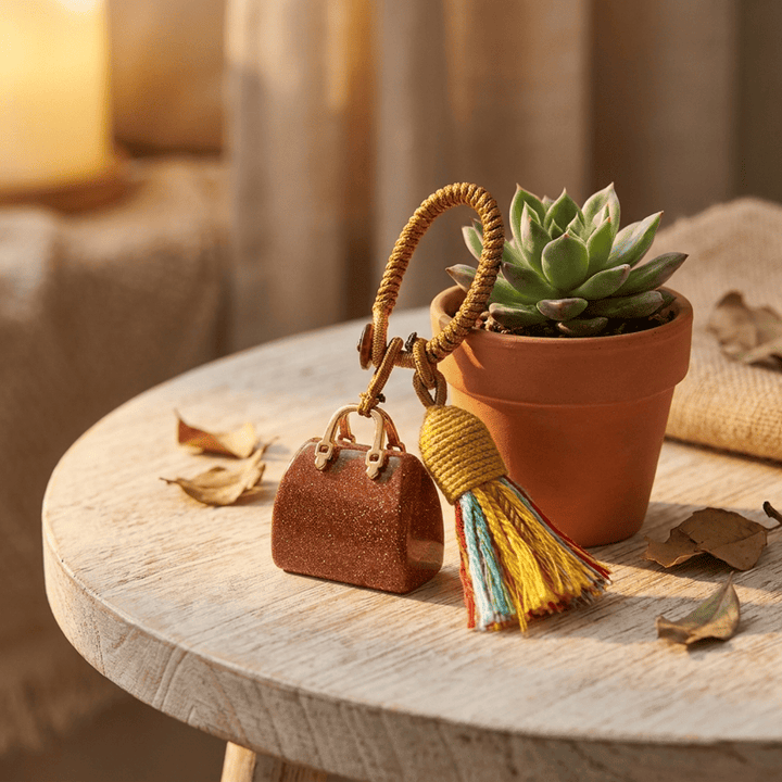Porte-clés Olivenorma en cristal naturel, en forme de sac à main, avec pompon tressé et symbole de prospérité - Pierre de sable doré synthétique - image 40