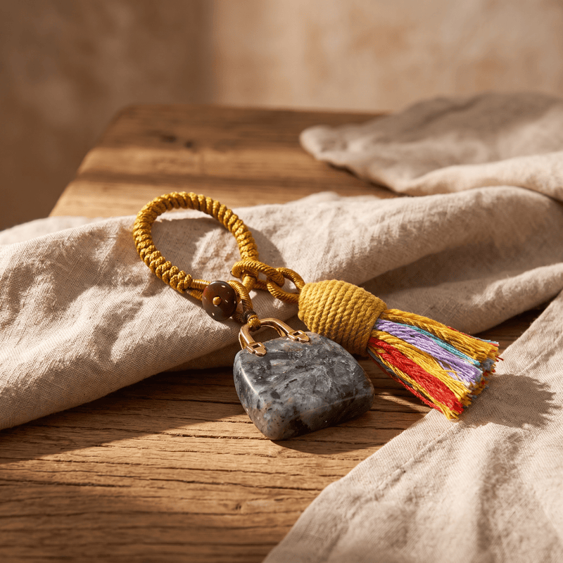 Porte-clés Olivenorma en cristal naturel, en forme de sac à main, avec pompon tressé et symbole de prospérité - Larvikite - image 23