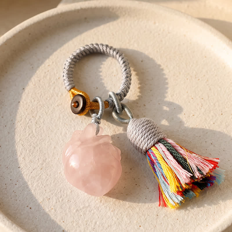 Porte-clés Olivenorma en cristal naturel, forme de cœur anatomique, pompon tissé à la main, symbole d'affection et de bénédiction - Quartz rose - image 5