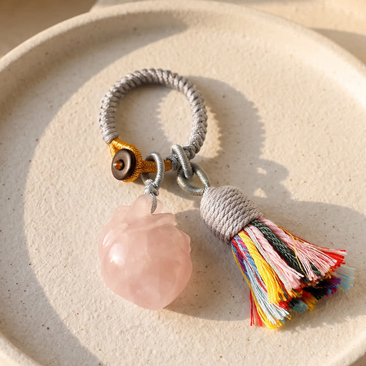 Porte-clés Olivenorma en cristal naturel, forme de cœur anatomique, pompon tissé à la main, symbole d'affection et de bénédiction - Quartz rose - image 5