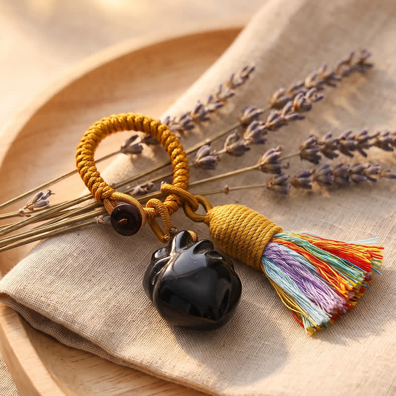Porte-clés Olivenorma en cristal naturel, forme de cœur anatomique, pompon tissé à la main, symbole d'affection et de bénédiction - Obsidienne - image 7