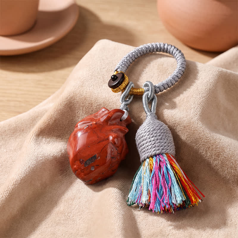 Porte-clés Olivenorma en cristal naturel, forme de cœur anatomique, pompon tissé à la main, symbole d'affection et de bénédiction - Jaspe rouge - image 9
