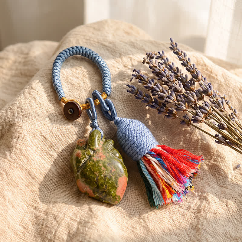 Porte-clés Olivenorma en cristal naturel, forme de cœur anatomique, pompon tissé à la main, symbole d'affection et de bénédiction - Unakite - image 13