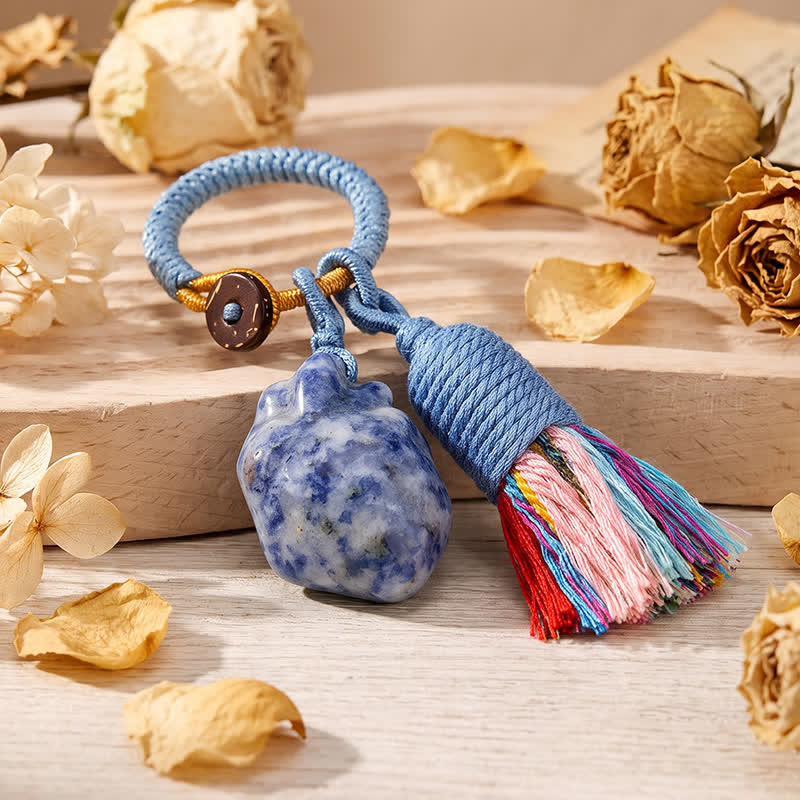 Porte-clés Olivenorma en cristal naturel, forme de cœur anatomique, pompon tissé à la main, symbole d'affection et de bénédiction - Jaspe à taches bleues - image 17