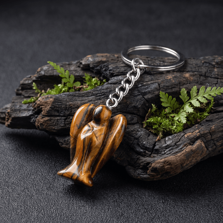 Porte-clés porte-bonheur Olivenorma en cristal naturel sculpté en forme d'ange, ornement de protection et de bénédiction - Œil de tigre - image 2