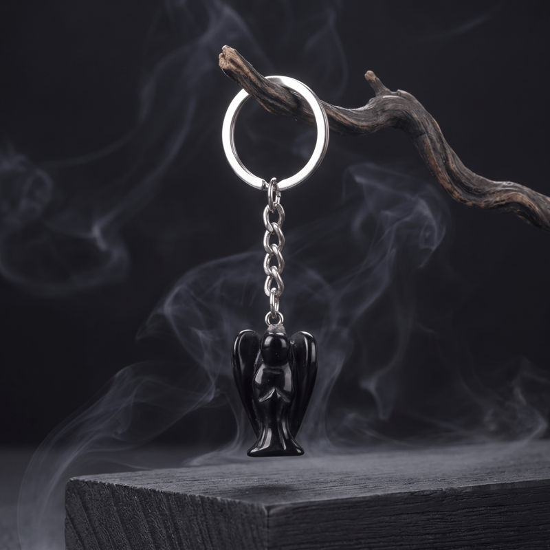 Porte-clés porte-bonheur Olivenorma en cristal naturel sculpté en forme d'ange, ornement de protection et de bénédiction - Obsidienne - image 12