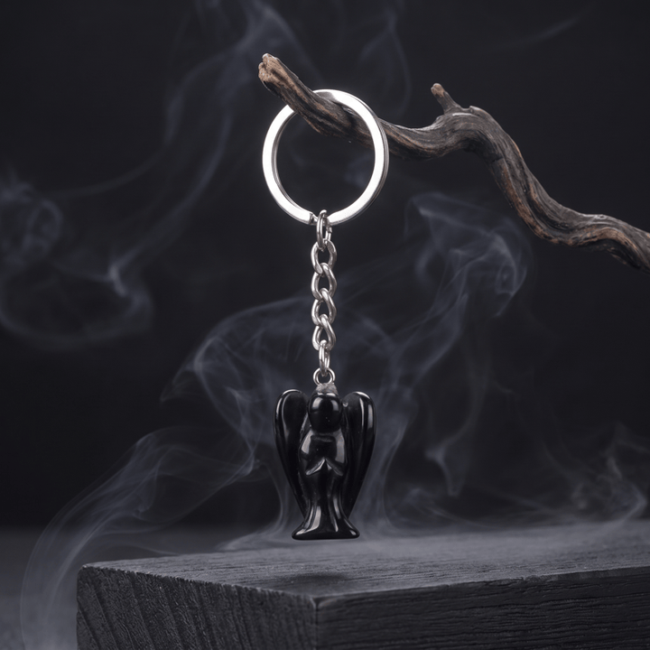 Porte-clés porte-bonheur Olivenorma en cristal naturel sculpté en forme d'ange, ornement de protection et de bénédiction - Obsidienne - image 12