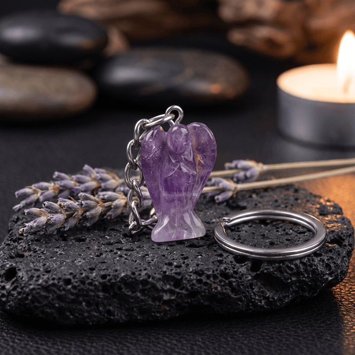 Porte-clés porte-bonheur Olivenorma en cristal naturel sculpté en forme d'ange, ornement de protection et de bénédiction - Améthyste - image 20