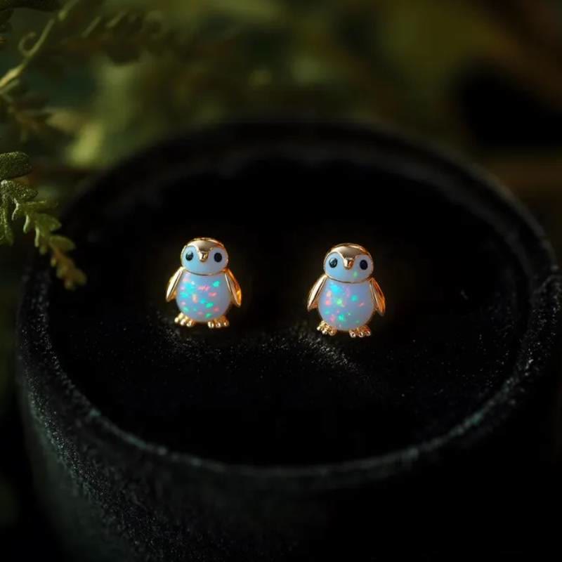 Boucles d'oreilles Olivenorma Tiny Frog Pingouin Cygne Opale Blanche de Feu, cadeau pour les amoureux des animaux - image 14
