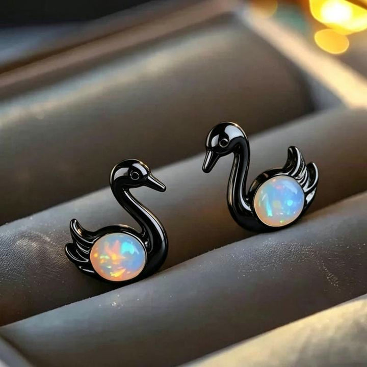 Boucles d'oreilles Olivenorma Tiny Frog Pingouin Cygne Opale Blanche de Feu, cadeau pour les amoureux des animaux - Cygne - Noir - image 21