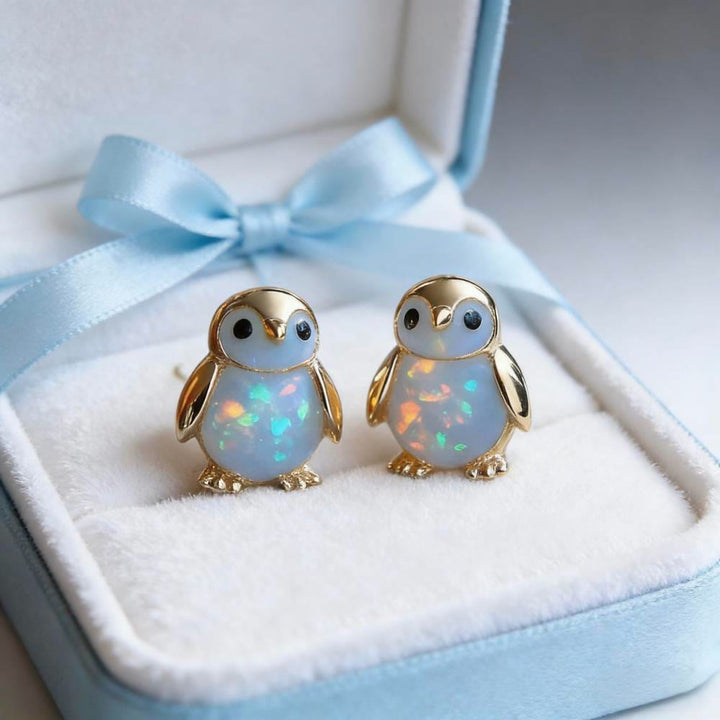 Boucles d'oreilles Olivenorma Tiny Frog Pingouin Cygne Opale Blanche de Feu, cadeau pour les amoureux des animaux - image 11