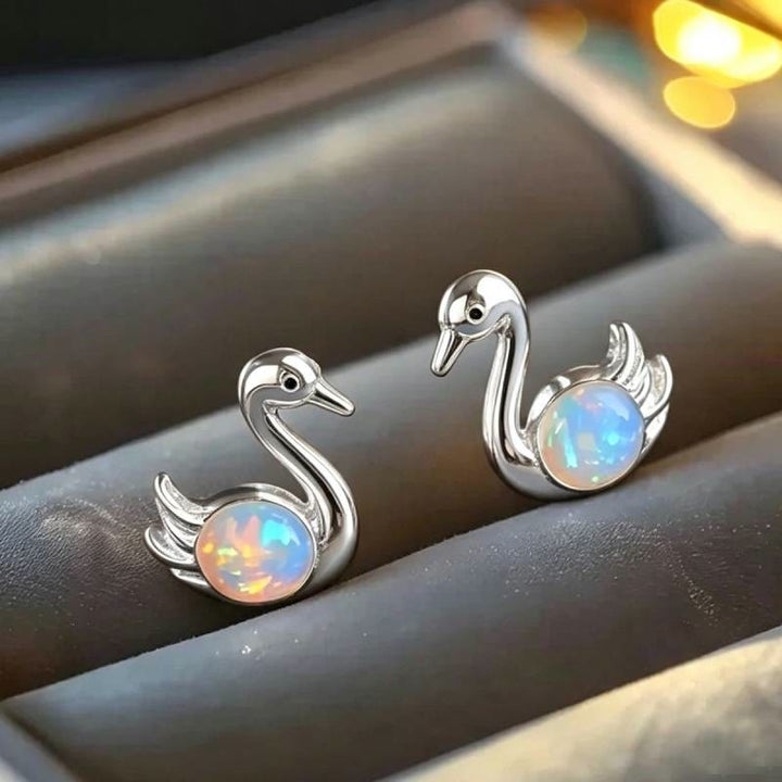 Boucles d'oreilles Olivenorma Tiny Frog Pingouin Cygne Opale Blanche de Feu, cadeau pour les amoureux des animaux - Cygne - Argent - image 20