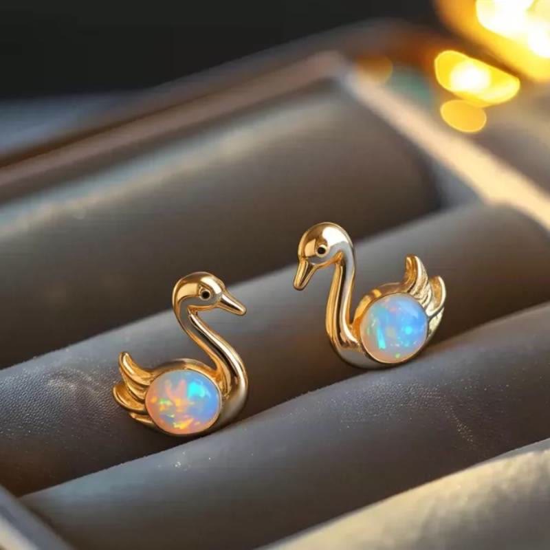 Boucles d'oreilles Olivenorma Tiny Frog Pingouin Cygne Opale Blanche de Feu, cadeau pour les amoureux des animaux - image 19