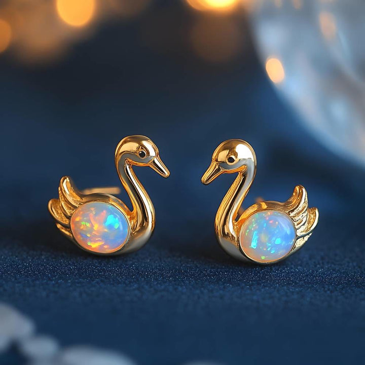 Boucles d'oreilles Olivenorma Tiny Frog Pingouin Cygne Opale Blanche de Feu, cadeau pour les amoureux des animaux - Cygne - Or - image 15