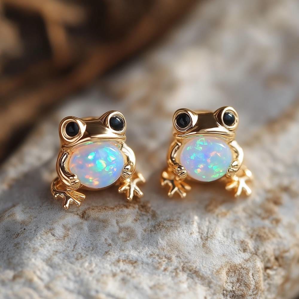 Boucles d'oreilles Olivenorma Tiny Frog Pingouin Cygne Opale Blanche de Feu, cadeau pour les amoureux des animaux - Grenouille - Or - image 0