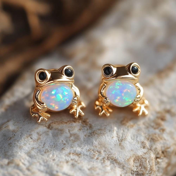 Boucles d'oreilles Olivenorma Tiny Frog Pingouin Cygne Opale Blanche de Feu, cadeau pour les amoureux des animaux - Grenouille - Or - image 0