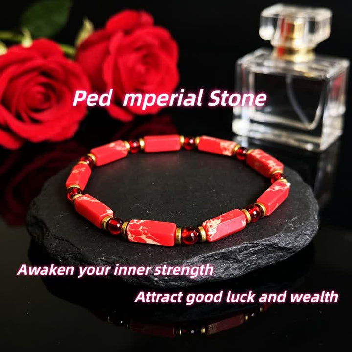 Bracelet Olivenorma en pierres naturelles avec perles et symbole de protection - Pierre impériale rouge - image 18