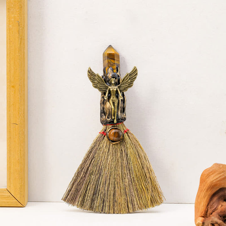 Balai miniature Olivenorma multicolore en pierres précieuses, design artisanal, symbole de bénédiction - Œil de tigre - image 13