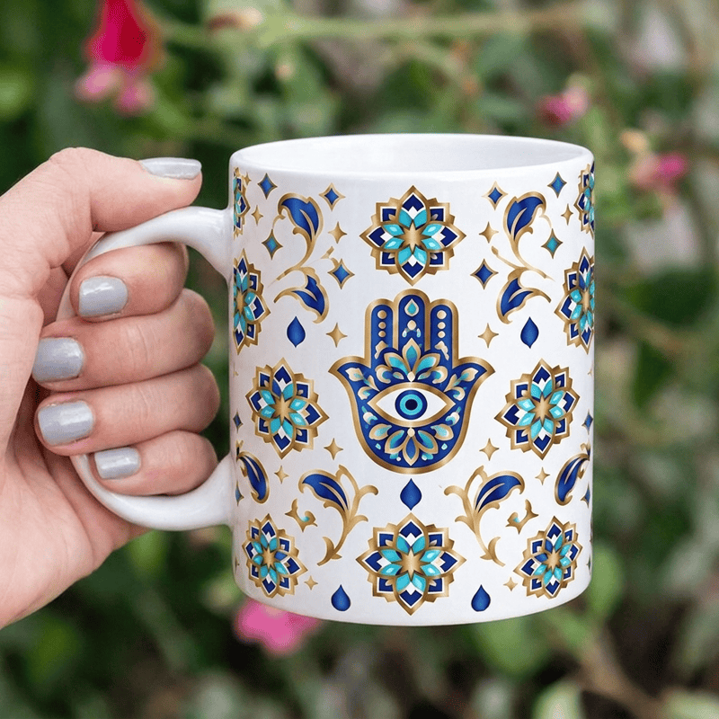 Tasse en céramique Olivenorma Hamsa Main de Hamsa Protection contre le mauvais œil - Blanc - 450 ml / 15 oz - image 0