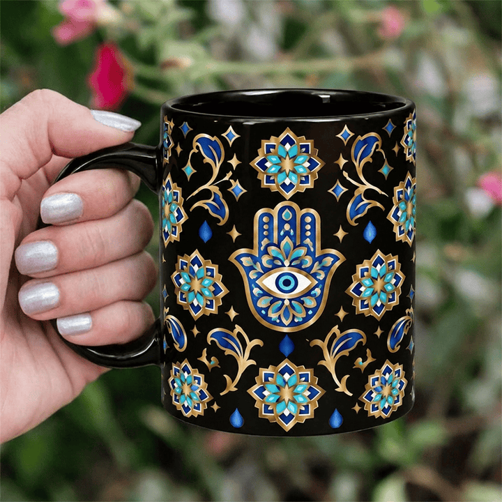 Tasse en céramique Olivenorma Hamsa Main de Hamsa Protection contre le mauvais œil - Noir - 450 ml / 15 oz - image 5
