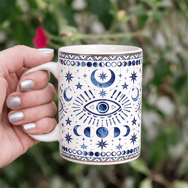 Tasse en céramique Olivenorma Œil maléfique céleste, phase de lune et protection stellaire - Blanc - 450 ml / 15 oz - image 5