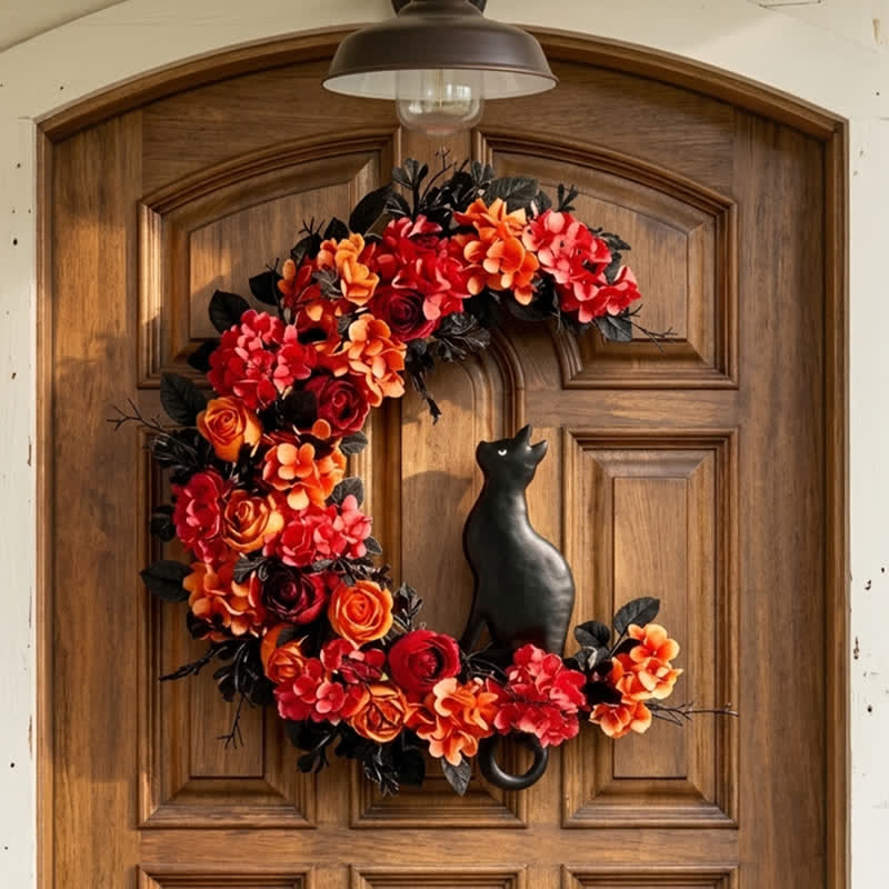 Décoration de porte Olivenorma en rotin avec fleurs artificielles et symbole de chat noir d'automne - Lune et Chat - image 0