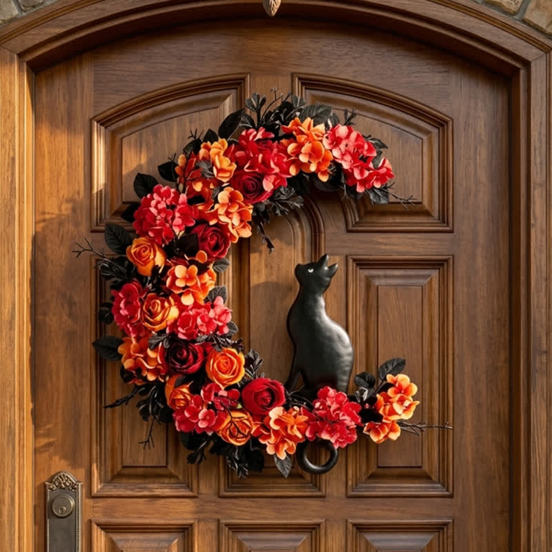 Décoration de porte Olivenorma en rotin avec fleurs artificielles et symbole de chat noir d'automne - image 1