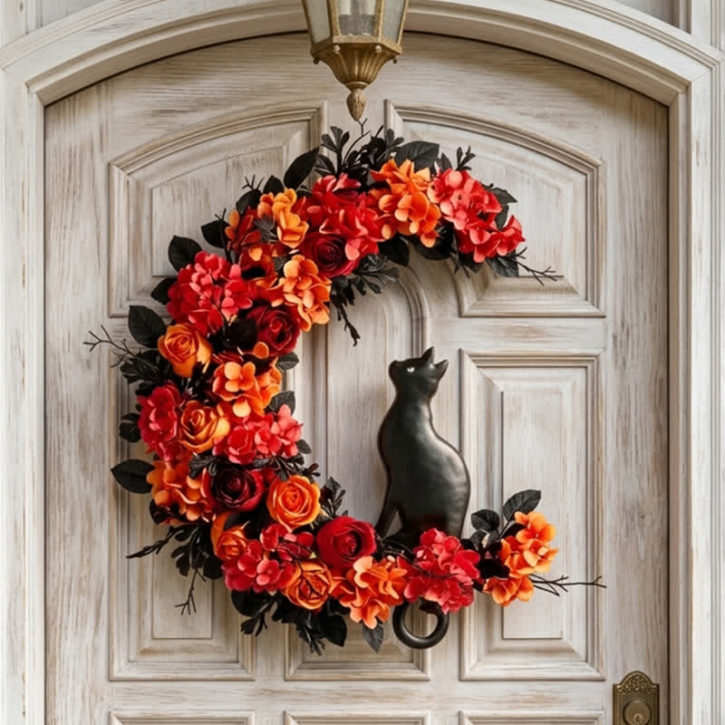 Décoration de porte Olivenorma en rotin avec fleurs artificielles et symbole de chat noir d'automne - image 2