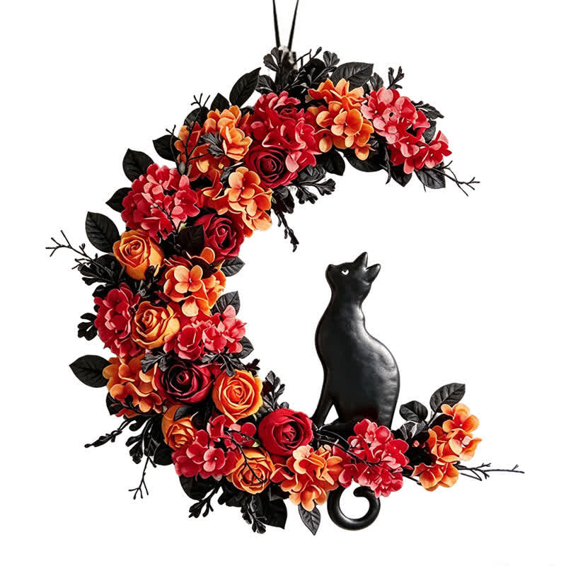 Décoration de porte Olivenorma en rotin avec fleurs artificielles et symbole de chat noir d'automne - image 3