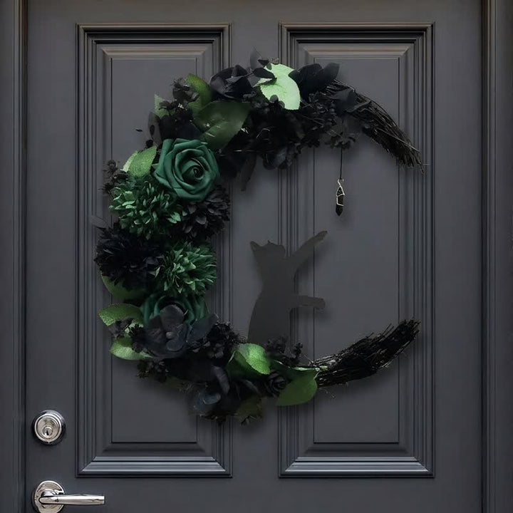 Décoration de porte Olivenorma en paille, mousse et soie, motif chat noir mystique - image 2