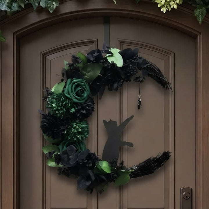 Décoration de porte Olivenorma en paille, mousse et soie, motif chat noir mystique - image 1