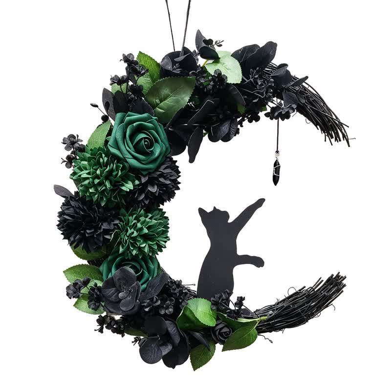 Décoration de porte Olivenorma en paille, mousse et soie, motif chat noir mystique - image 4