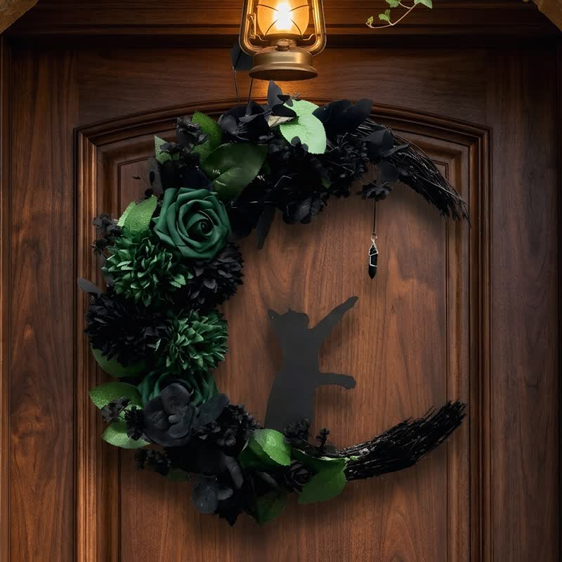 Décoration de porte Olivenorma en paille, mousse et soie, motif chat noir mystique - Sans lumière LED - image 0